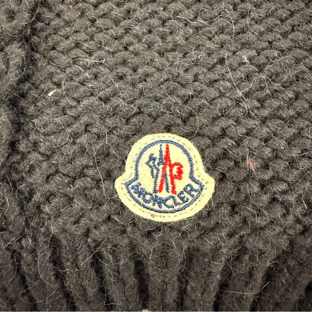 Moncler‎ Black Cable Knit Wool Scarf Logo Patch Italy Winter Luxury Designer - Picture 4 of 5